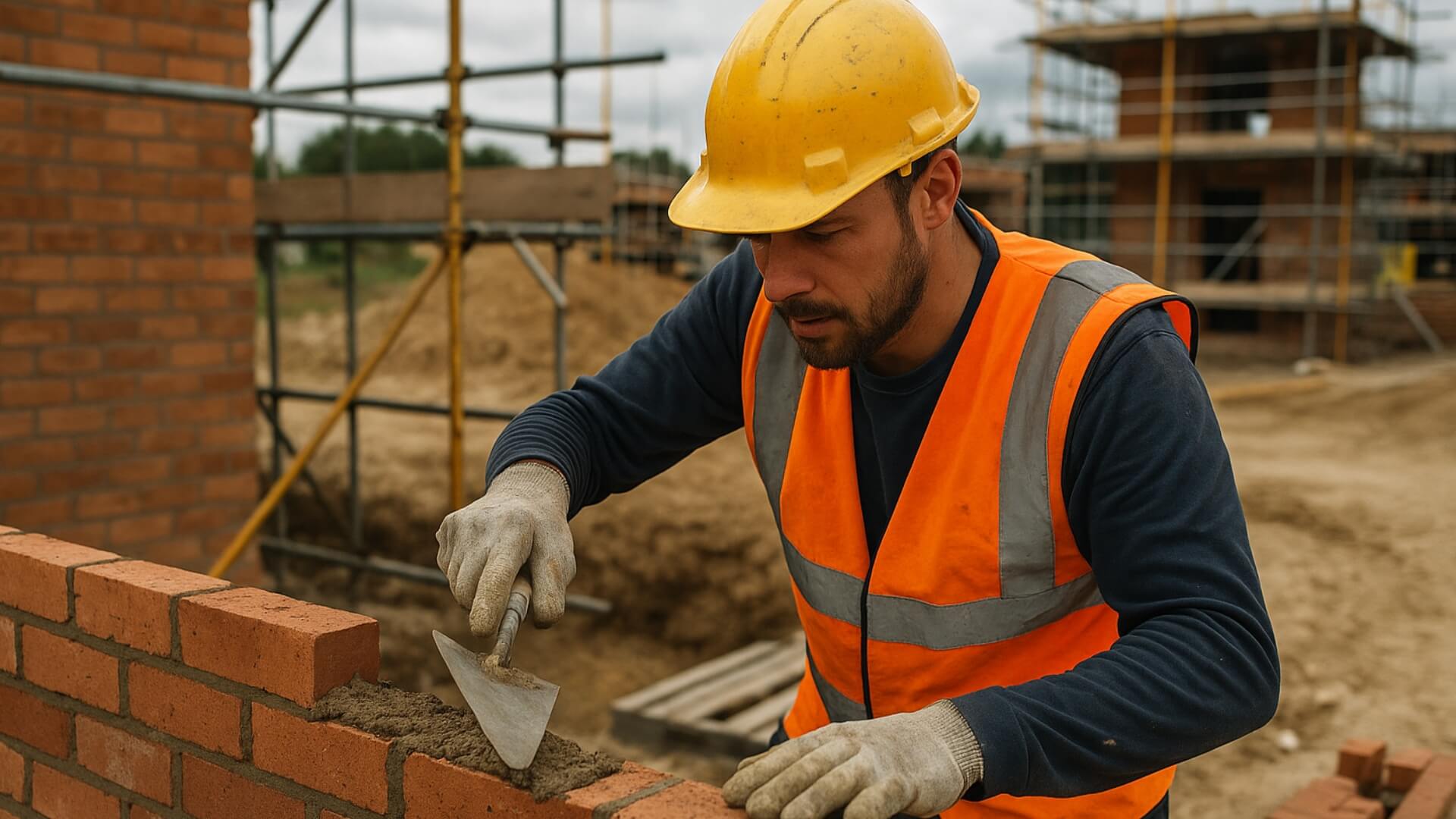 Adult male construction worker laying bricks on a construction site
