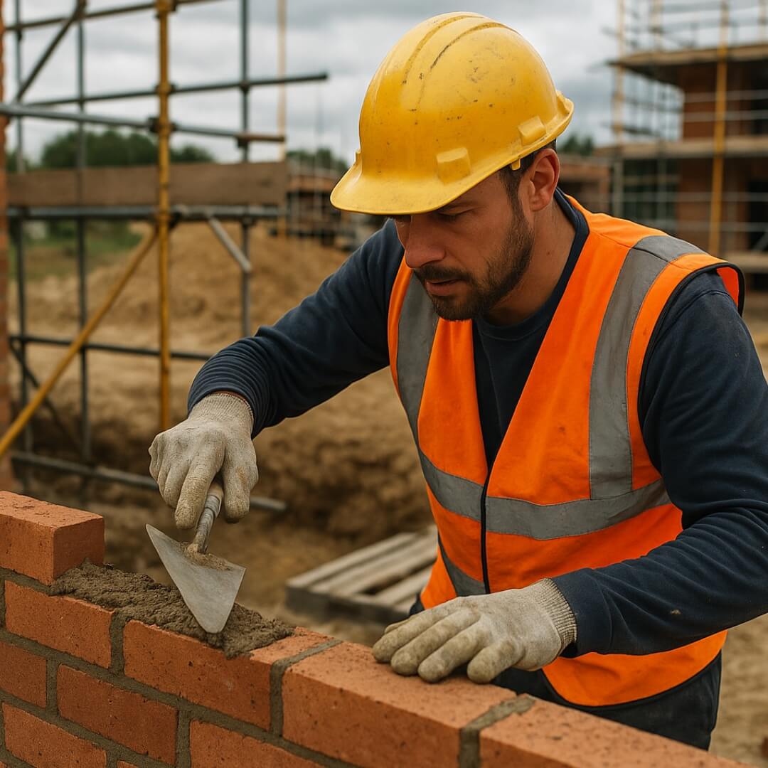 Adult male construction worker laying bricks on a construction site
